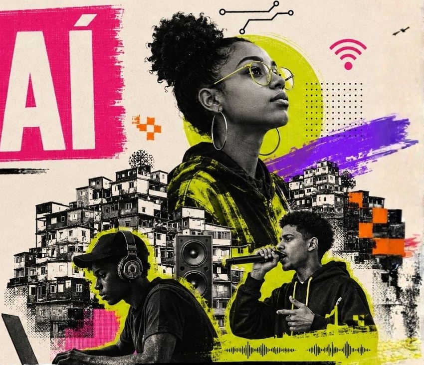Arte oficial do evento: mulher, DJ e MC entre casas da favela e elementos de cultura digital